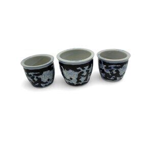 Small Chinese Planter Set Of 3 Hand-Painted Floral Design Black White Blue